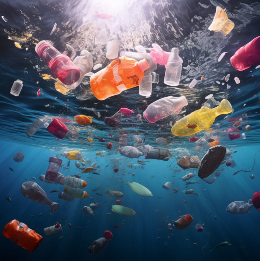 Rifiuti di plastica galleggianti in un oceano blu profondo.